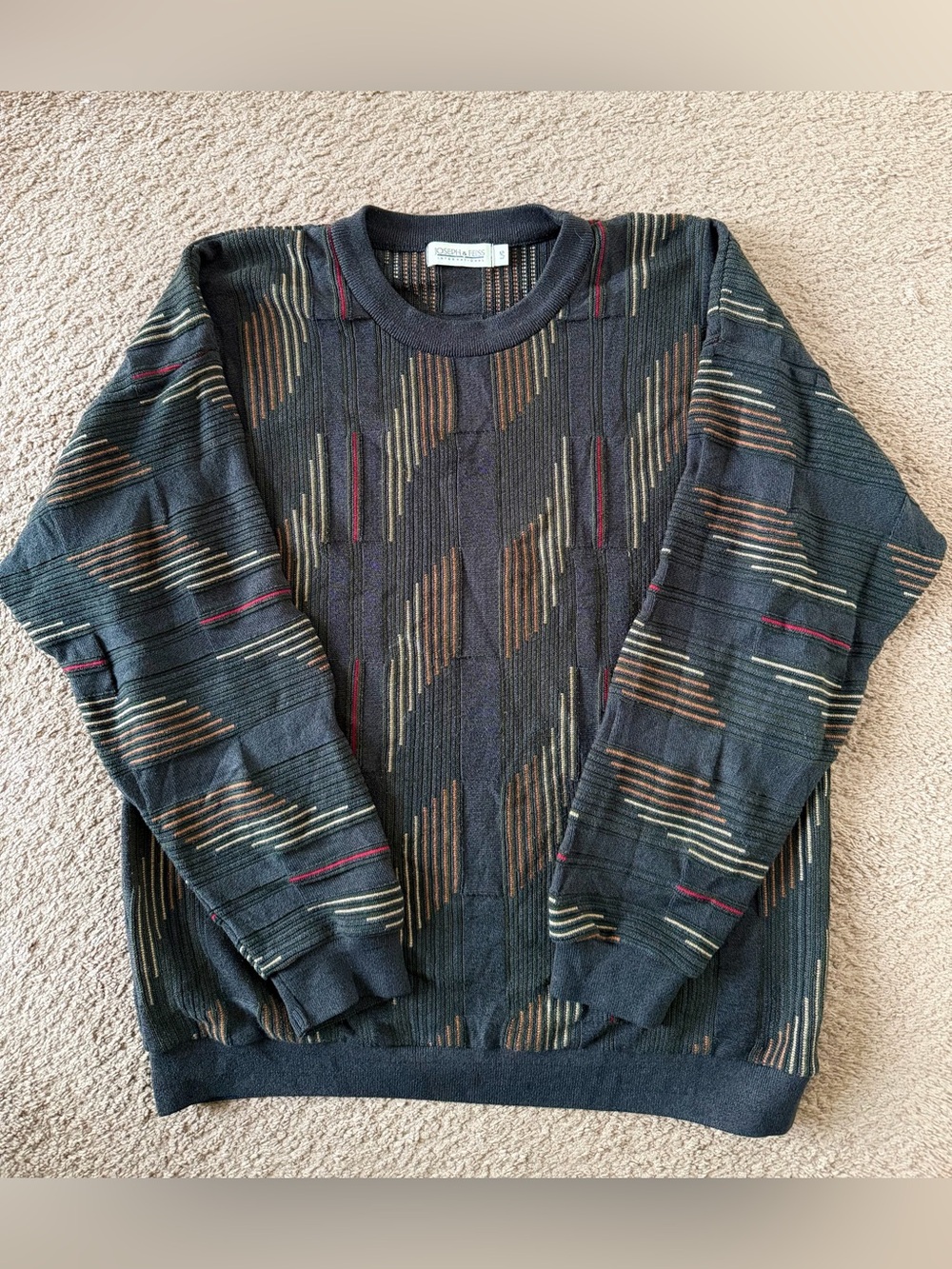 Joseph & Feiss Black Crewneck Sweater with Brown, Tan and Red Accents